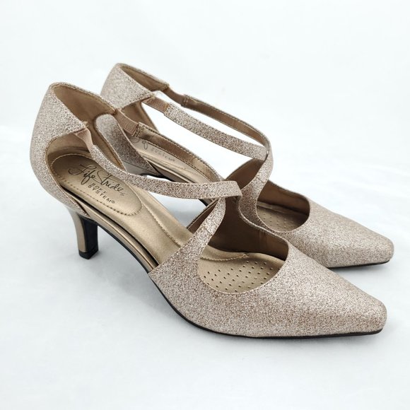 Life Stride Shoes - LifeStride Kalika Glittery Gold Pointed Toe Comfort Heel 7.5 Champagne Rose gold